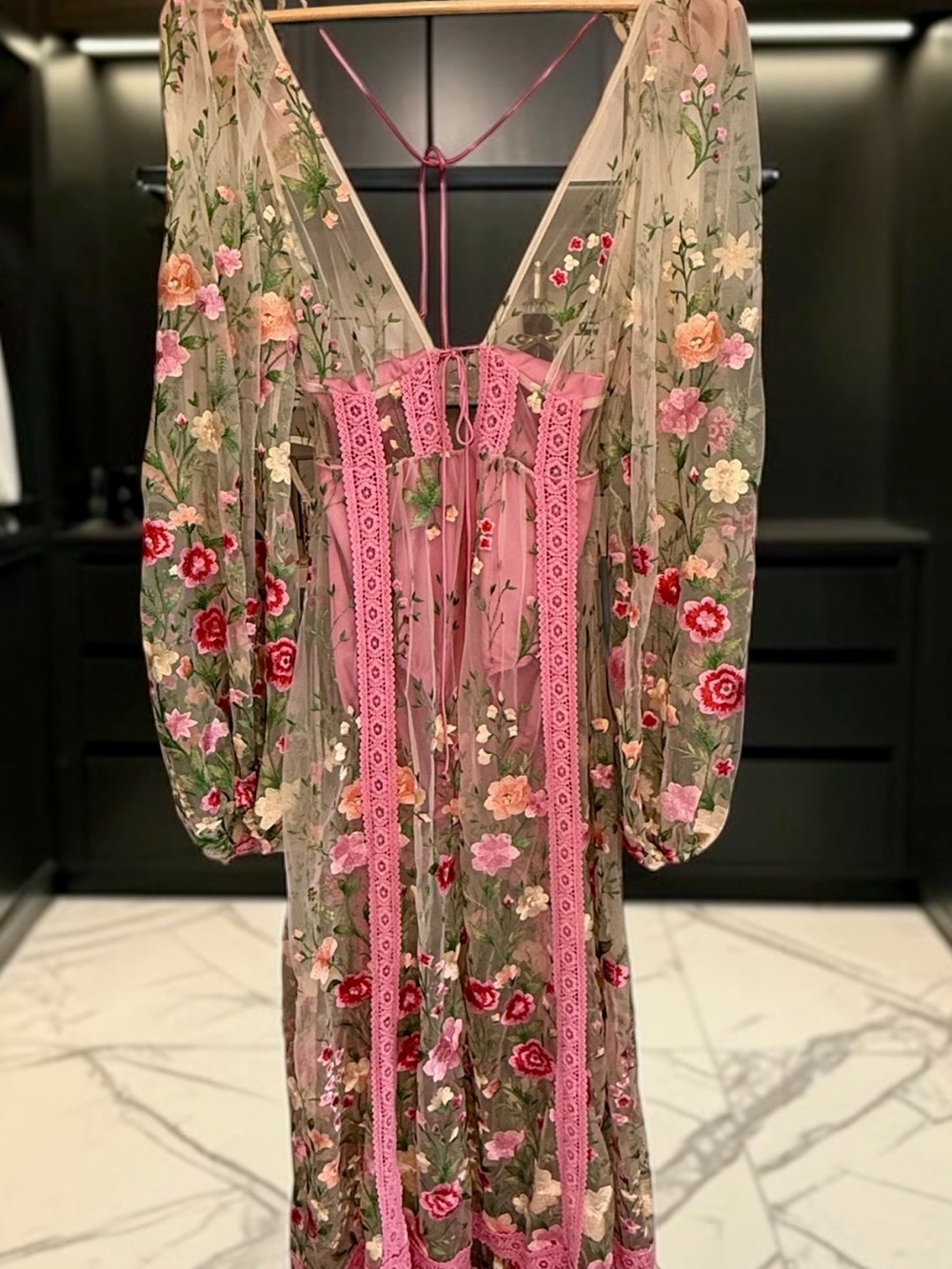 For Love And Lemons Pink & Green Floral Embroidered Sheer Maxi Dress